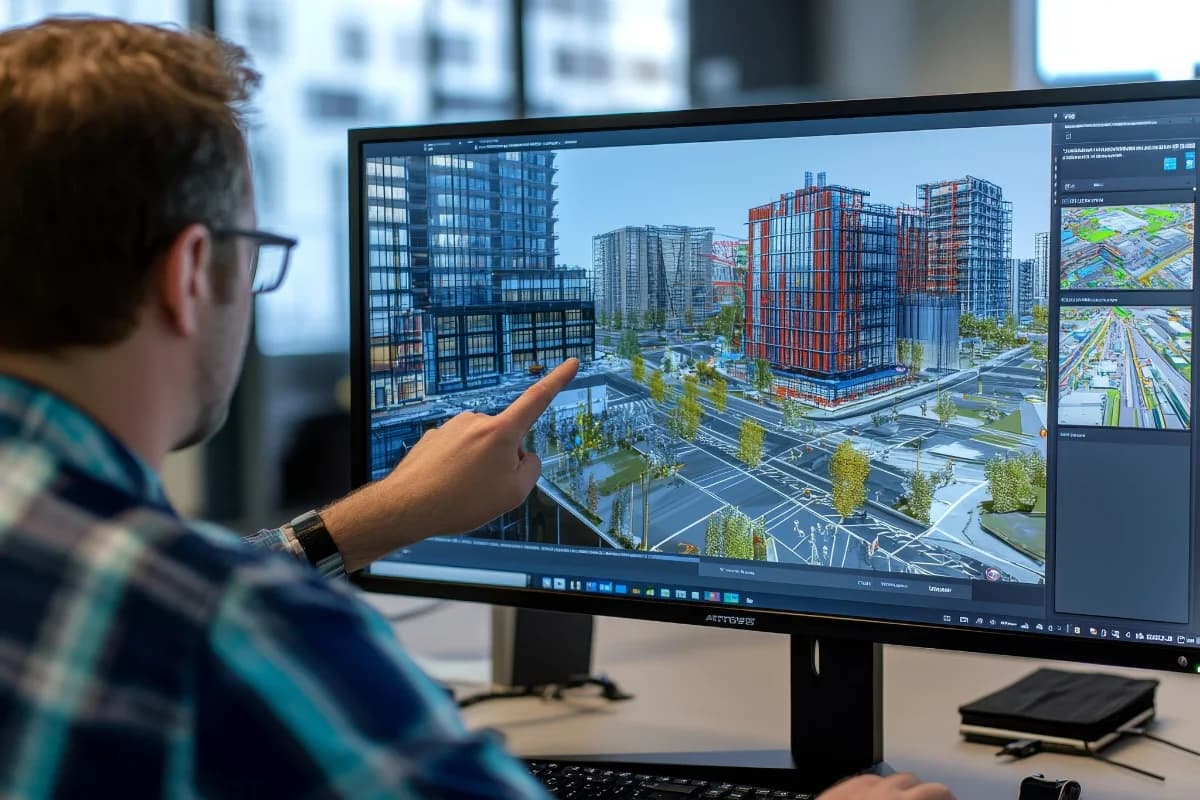 Project team reviewing a building model on a large display
