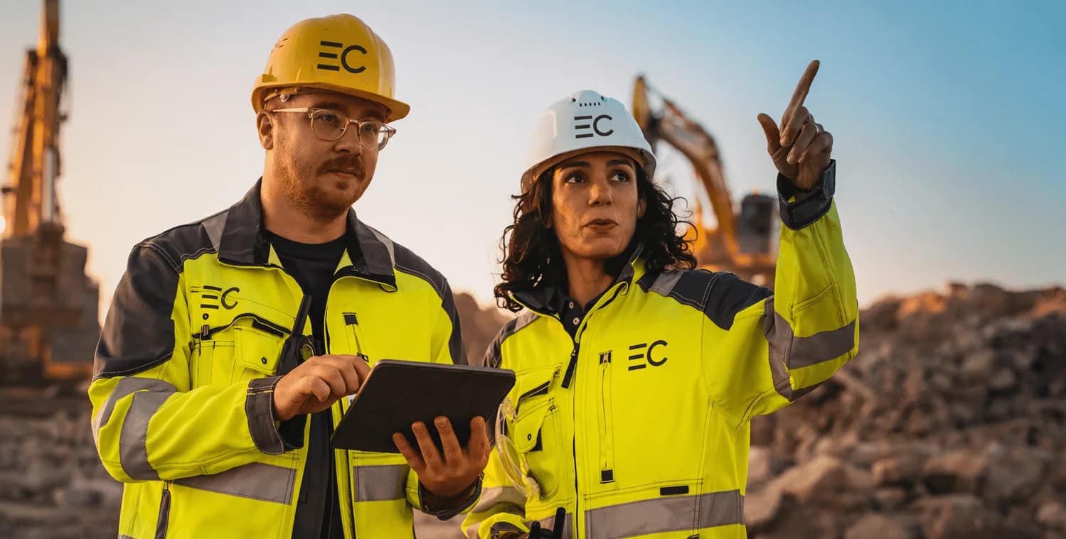 Two Elite Contractor Group team members in branded high-visibility gear reviewing work on site