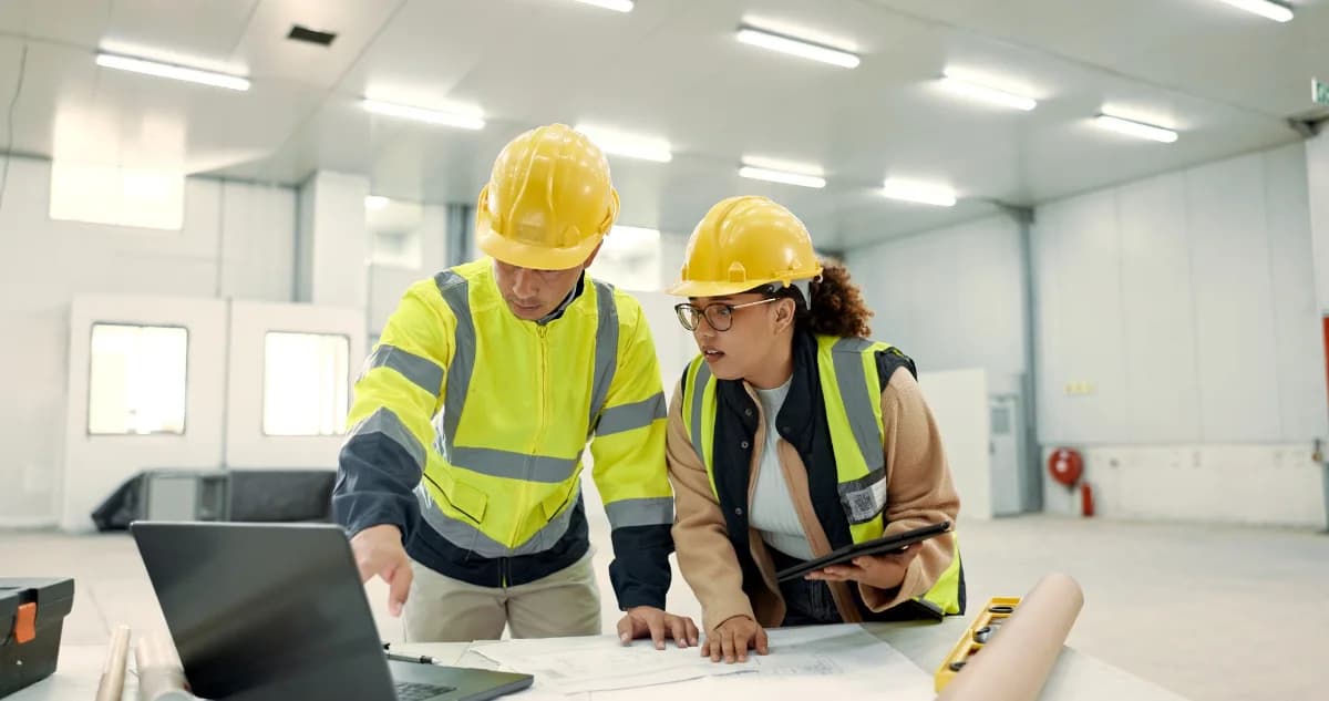 Two crew members reviewing drawings together on site