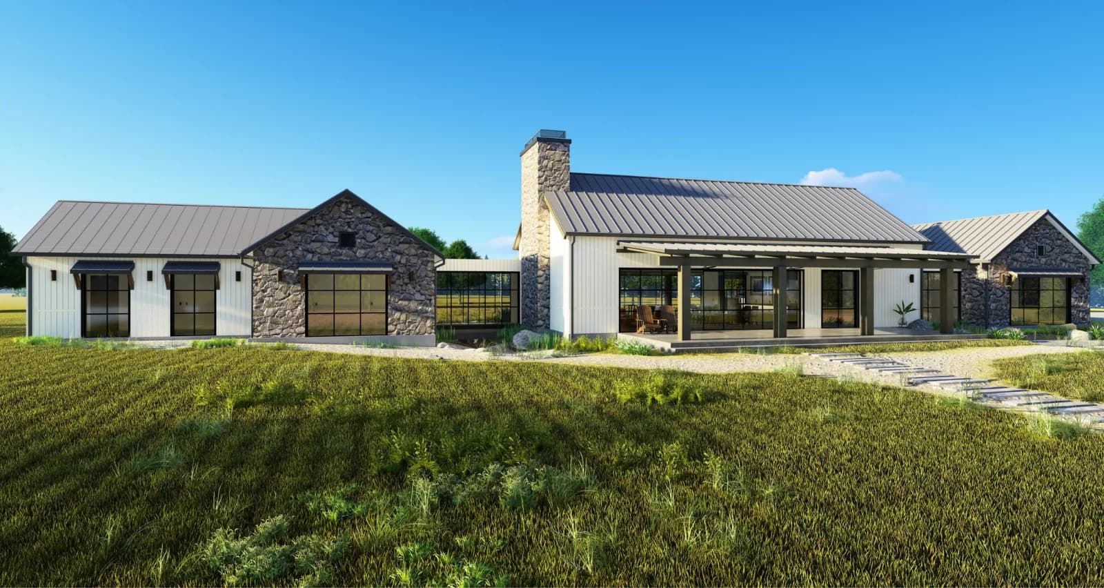 Front elevation of the Chaparral Ranch residence with metal roof and stone base