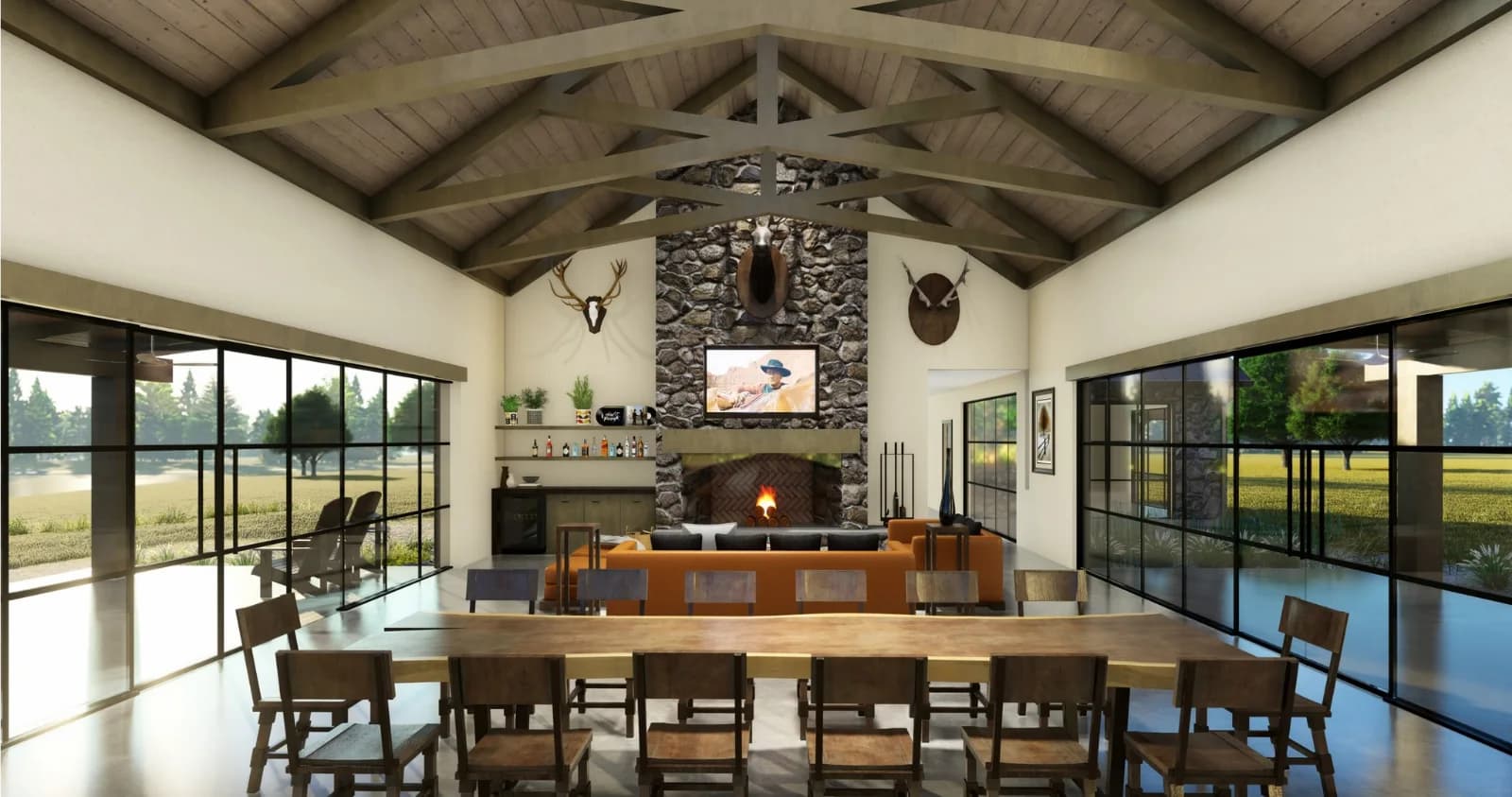 Great room at Chaparral Ranch with exposed timber trusses and a stone fireplace