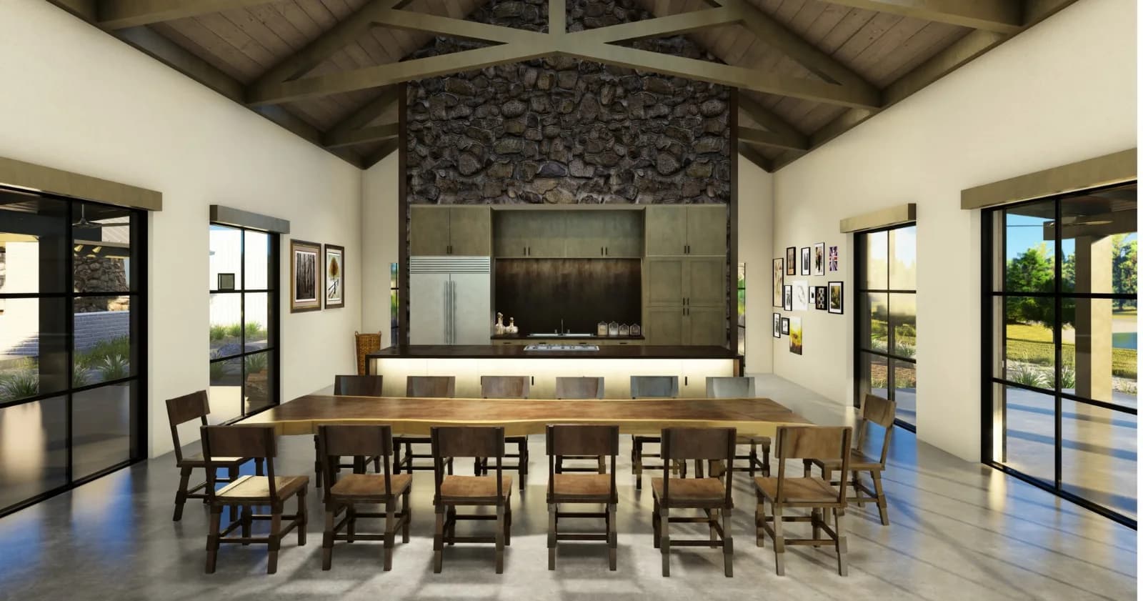 Open kitchen and living area at Chaparral Ranch with a stone hearth wall