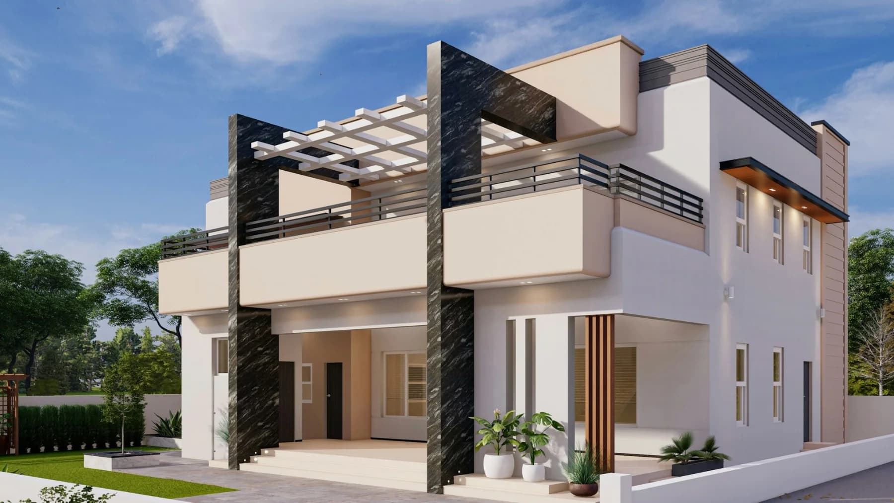 Contemporary two-storey custom home with cantilevered terraces and full-height glazing