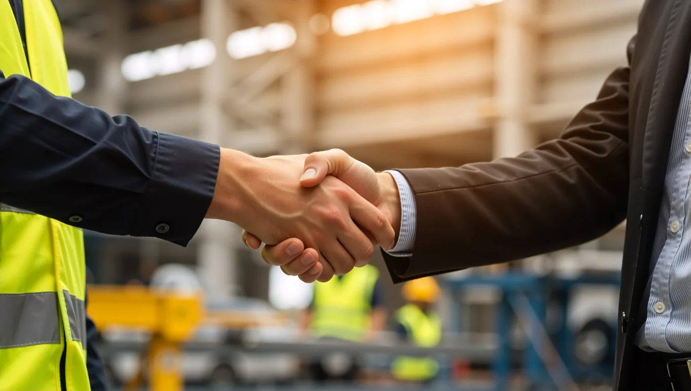 Client and contractor shaking hands on an active construction site